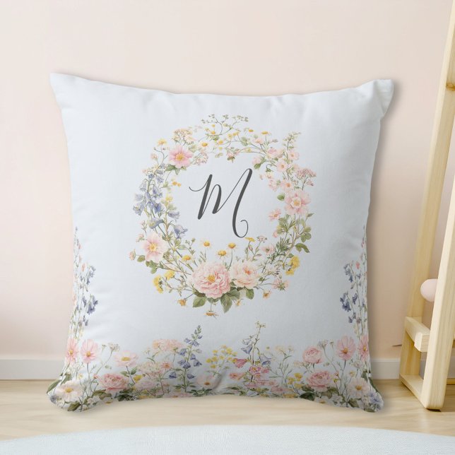 Coussin Fleurs Florales Rose Bleu Aquarelle Monogramme  (In situ)
