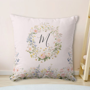 Coussin Fleurs Florales Rose Bleu Aquarelle Monogramme