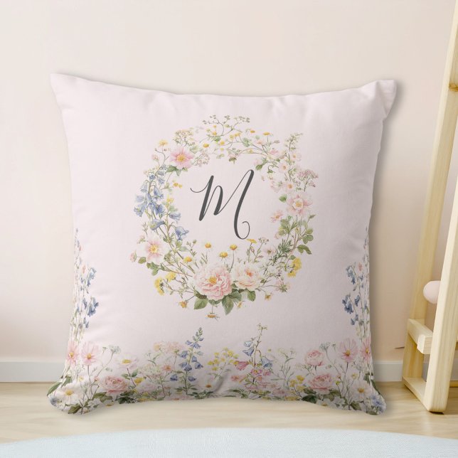 Coussin Fleurs Florales Rose Bleu Aquarelle Monogramme  (In situ)