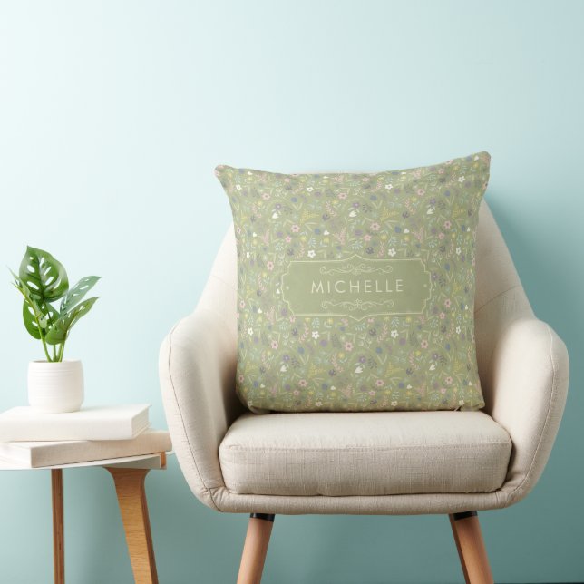 Coussin Fleurs Florales Rose Vert Sage Motif Bohème (Chaise)