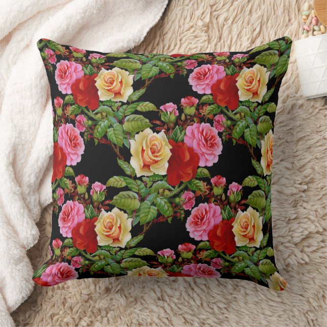 Coussin Fleurs florales Roses rouge rose jaune vert (Couverture)