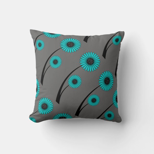 Coussin Fleurs florales turquoises bleues grises noires (Recto)