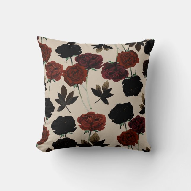 Coussin Fleurs foncées grasses rouges et beige noir botani (Recto)