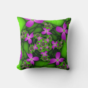 Coussin Fleurs fractales abstraites modernes néon rose ver