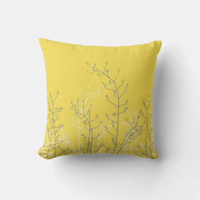 Coussin Fleurs Gris Élégantes sur Jaune (Recto)