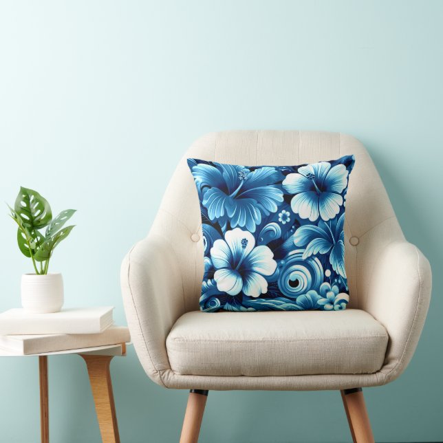 Coussin Fleurs hawaïennes tropicales Hibiscus Motif bleu (Chaise)