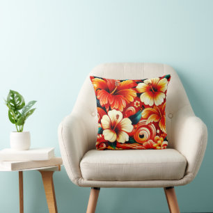 Coussin Fleurs hawaïennes tropicales Hibiscus Motif orange