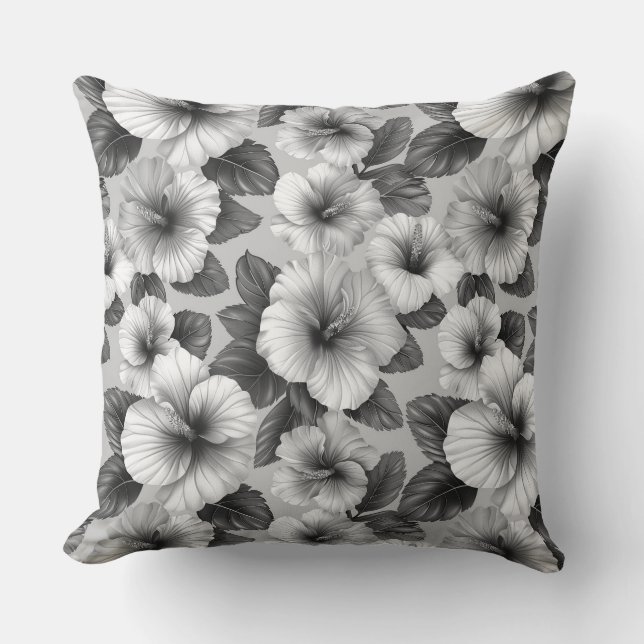 Coussin Fleurs hibiscus à motifs floraux noirs et blancs (Recto)