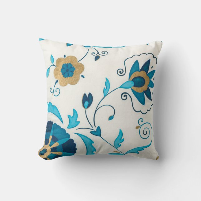 Coussin Fleurs Indigo dorées avec Arrière - plan blanc (Recto)