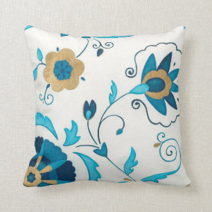 Coussin Fleurs Indigo dorées avec Arrière - plan blanc