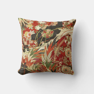 Coussin FLEURS JAPONAISES ANCIENNES Rouge Vert Noir Floral