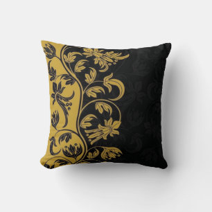 Coussin fleurs jaune or noir feuille