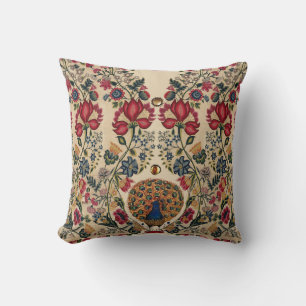 Coussin FLEURS JAUNES BLEU ROUGE ET PARACOCK Antique Flora