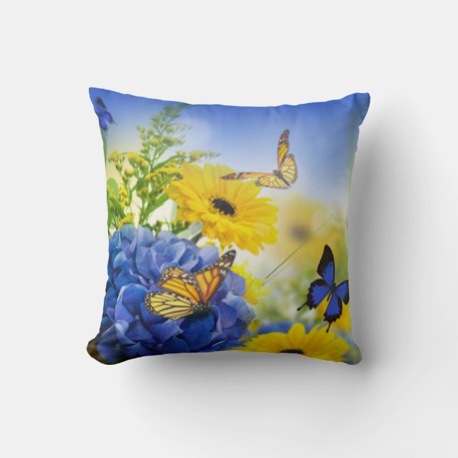 Coussin Fleurs Jaunes Bleues Aux Papillons (Recto)