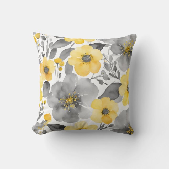 Coussin Fleurs Jaunes Et Gris En Aquarelles (Recto)