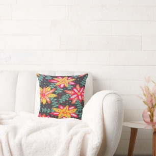 Coussin Fleurs jaunes et orange en gras Noir