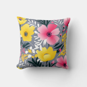 Coussin Fleurs Jaunes Et Roses Vibrantes Sur Gris