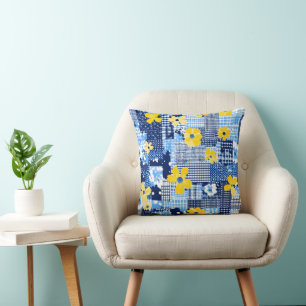 Coussin Fleurs jaunes Motif bleu