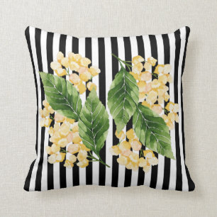 Coussin Fleurs jaunes sur rayures noir et blanc