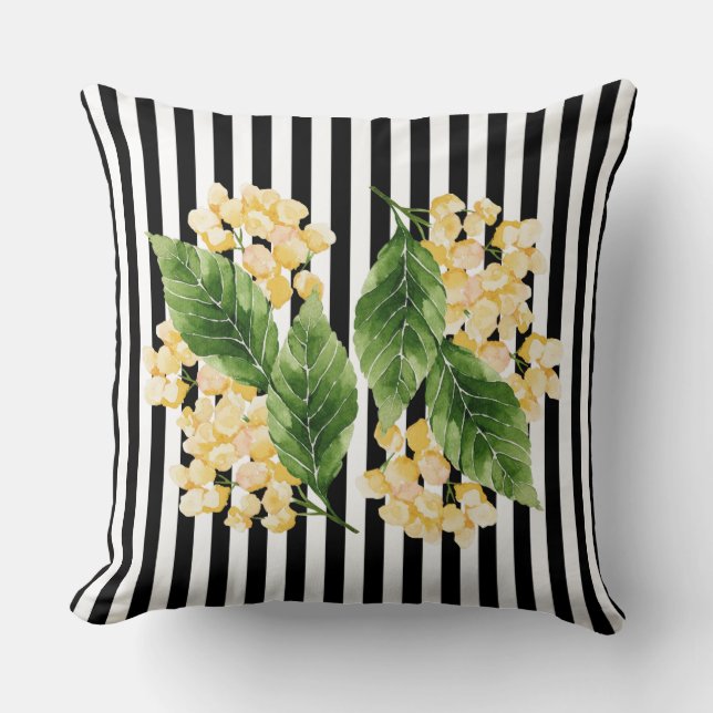 Coussin Fleurs jaunes sur rayures noir et blanc (Recto)