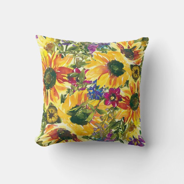Coussin Fleurs jaunes violettes aquarelle boho (Recto)