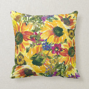Coussin Fleurs jaunes violettes aquarelle boho