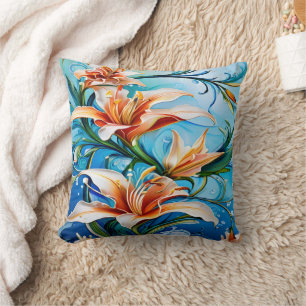 Coussin Fleurs Lily sur Arrière - plan Floral Bleu