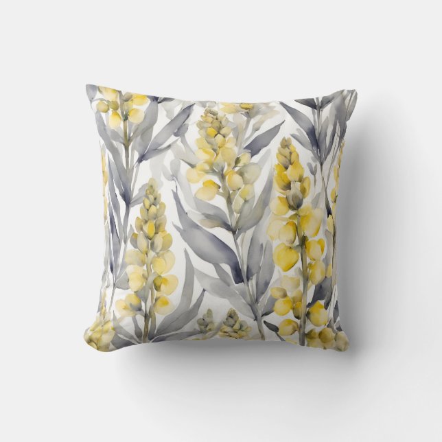 Coussin Fleurs Lupins Jaunes Et Aquarelle Grise Florale (Recto)