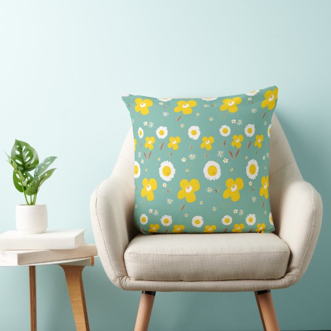 Coussin Fleurs marguerites Blanc Jaune Sur Vert Turquoise (Chaise)