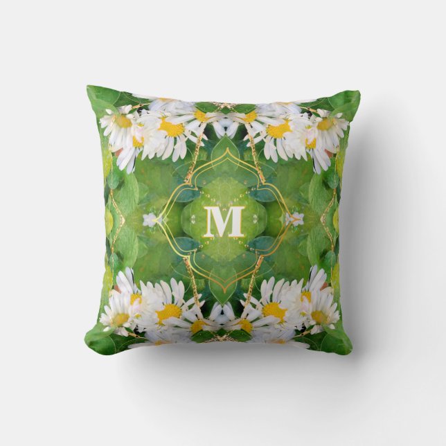 Coussin Fleurs marguerites blanches sur Feuilles verts Jet (Recto)
