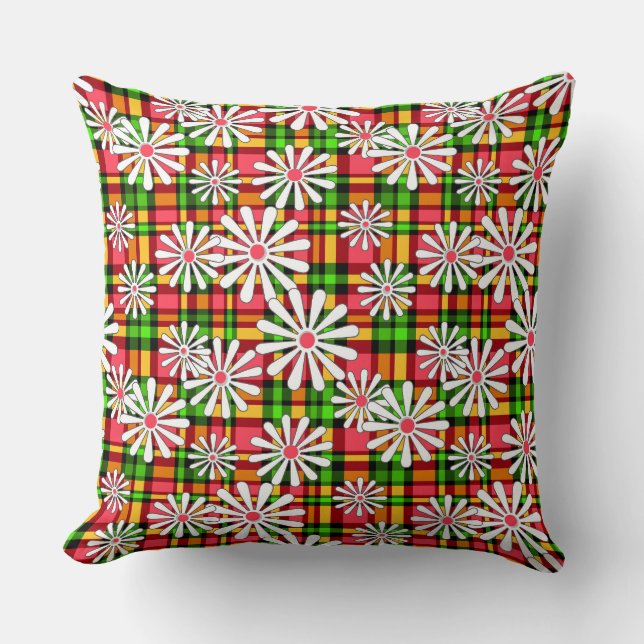 Coussin Fleurs marguerites blanches sur un à damiers rouge (Recto)