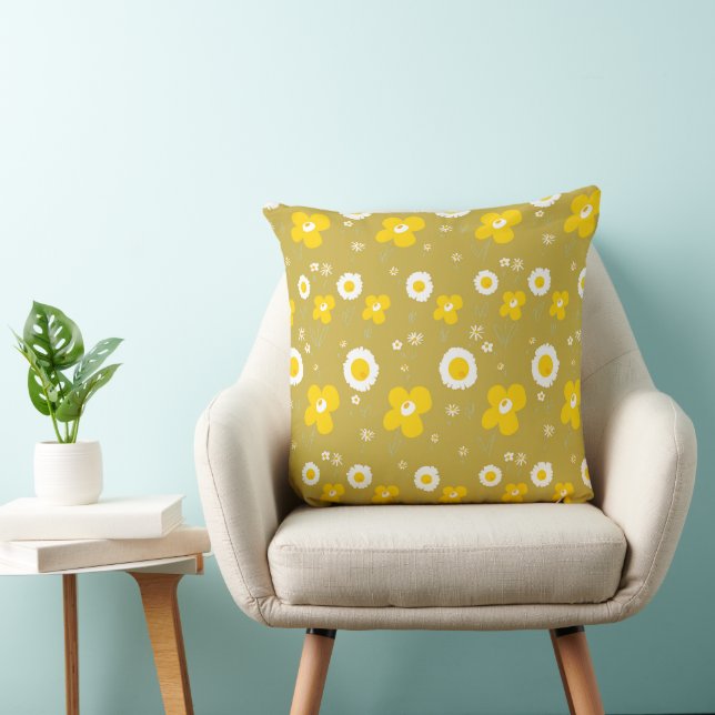 Coussin Fleurs marguerites moutarde Jaune Olive Blanc (Chaise)