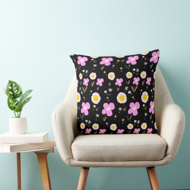 Coussin Fleurs marguerites rose jaune noir (Chaise)