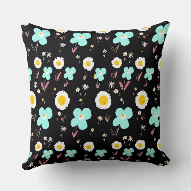 Coussin Fleurs marguerites Turquoise Rose Blanc Noir (Verso)