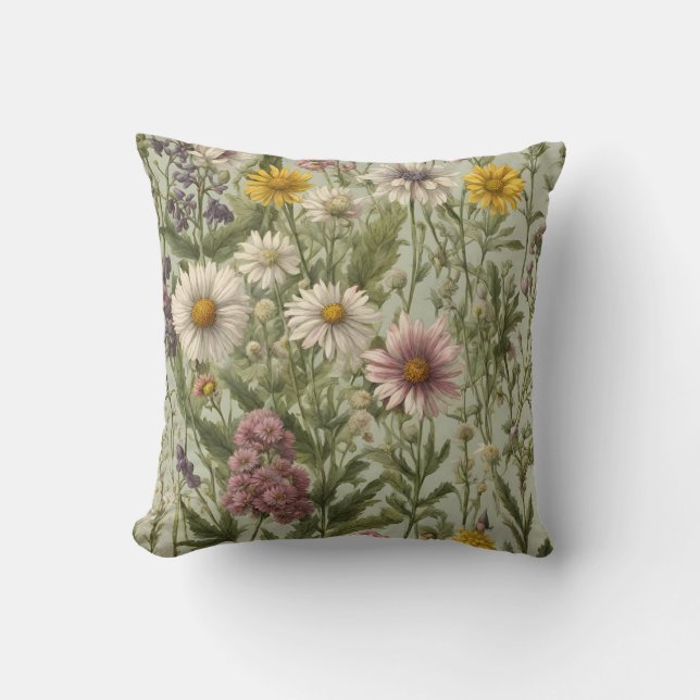 Coussin Fleurs marguerites vintages et Fleurs sauvages (Recto)