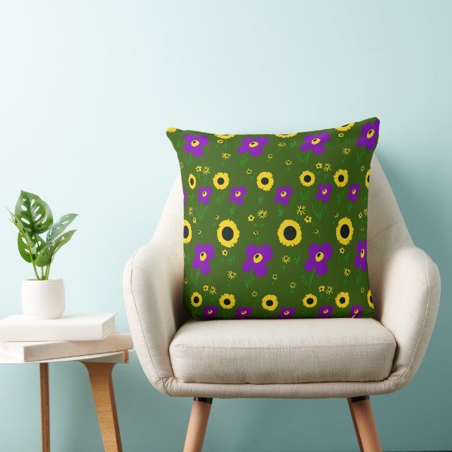 Coussin Fleurs marguerites violet jaune vert noir (Chaise)