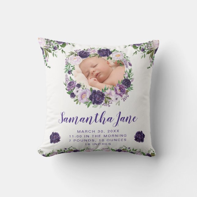Coussin Fleurs Mauve & Crème à l'aquarelle Photo de bébé (Recto)