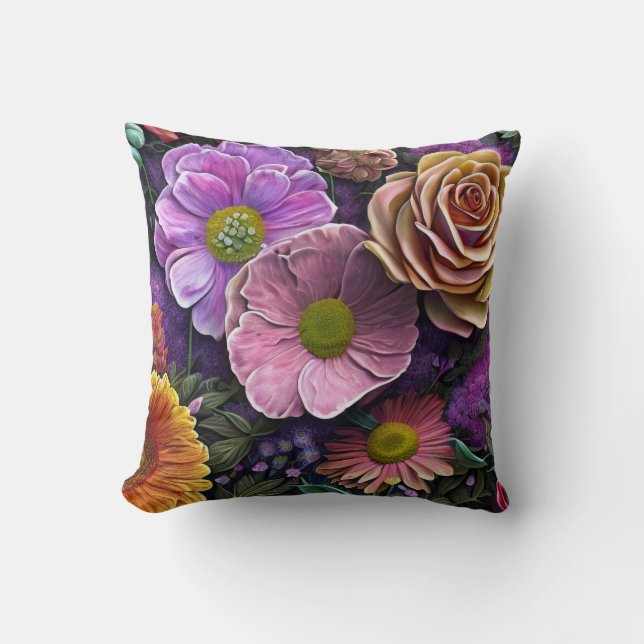 Coussin Fleurs Mixtes, Colorées, Printemps Rétro Moderne (Recto)