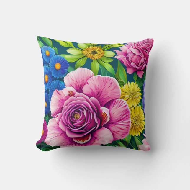 Coussin Fleurs Mixtes, Colorées, Style Hawaïen Printanier (Recto)