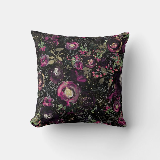 Coussin Fleurs Moderne Paillettes Prune Baies Sombre (Recto)