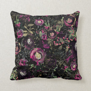 Coussin Fleurs Moderne Paillettes Prune Baies Sombre