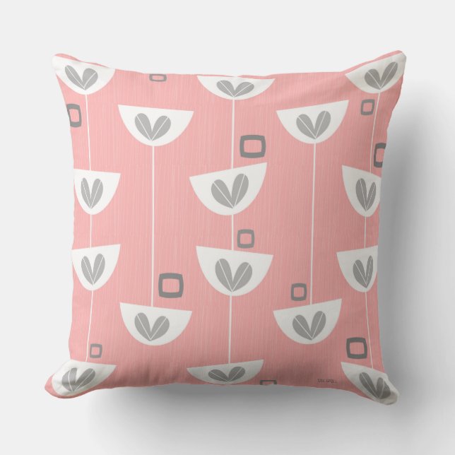 Coussin Fleurs modernes du milieu du siècle gris rose par  (Recto)