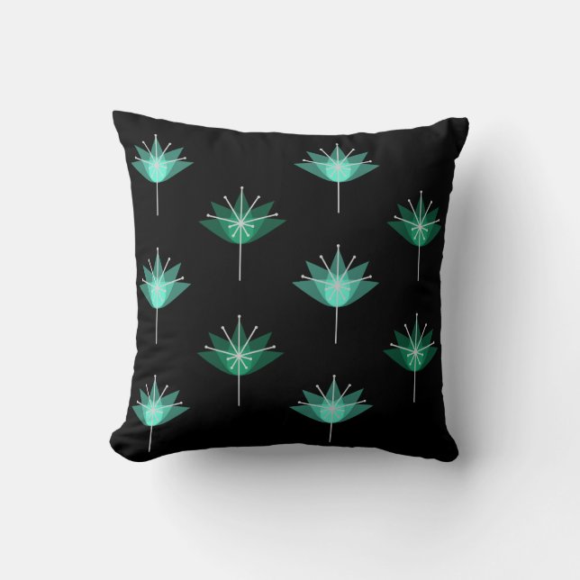 Coussin Fleurs modernes du milieu du siècle Noir Turquoise (Recto)