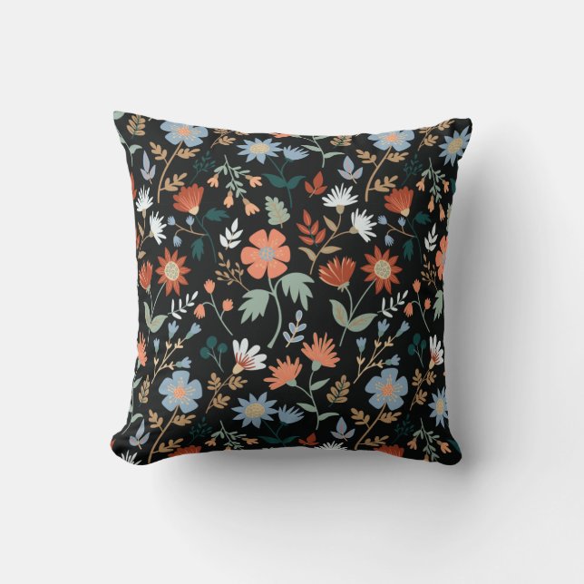 Coussin Fleurs modernes Feuille Noir Orange Bleu Imprimer (Recto)