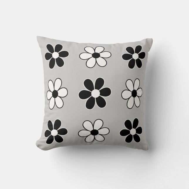 Coussin Fleurs modernes noir et blanc sur gris argent clai (Recto)