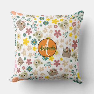 Coussin Fleurs monogrammes bébé fille rose orange