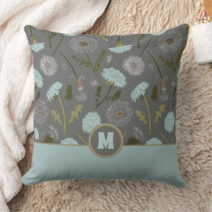 Coussin Fleurs Monogrammes Dandelion Gris Bleu