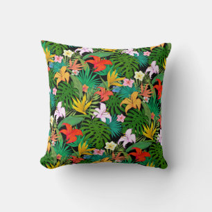Coussin Fleurs multicolores et feuilles de palmier sur fon