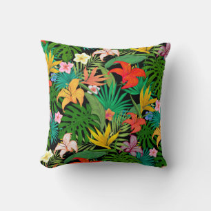 Coussin Fleurs multicolores et feuilles de palmier sur jet
