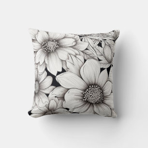 Coussin Fleurs Noir Blanc Dessin au Trait Main Levée